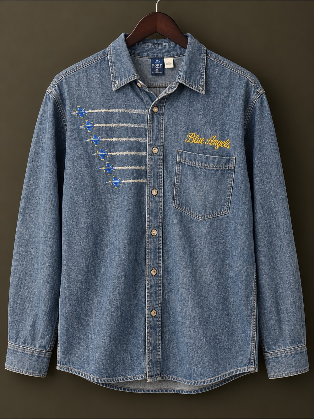 Denim Shirt Jacket with Blue Angels Embroidery - Blue & Yellow